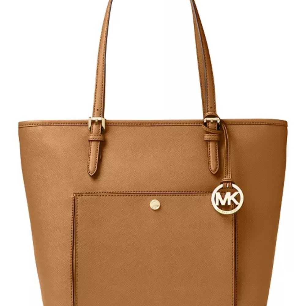 New Michael Kors Jet Set Acorn Brown Saffiano Leather Pocket Tote Bag Gold